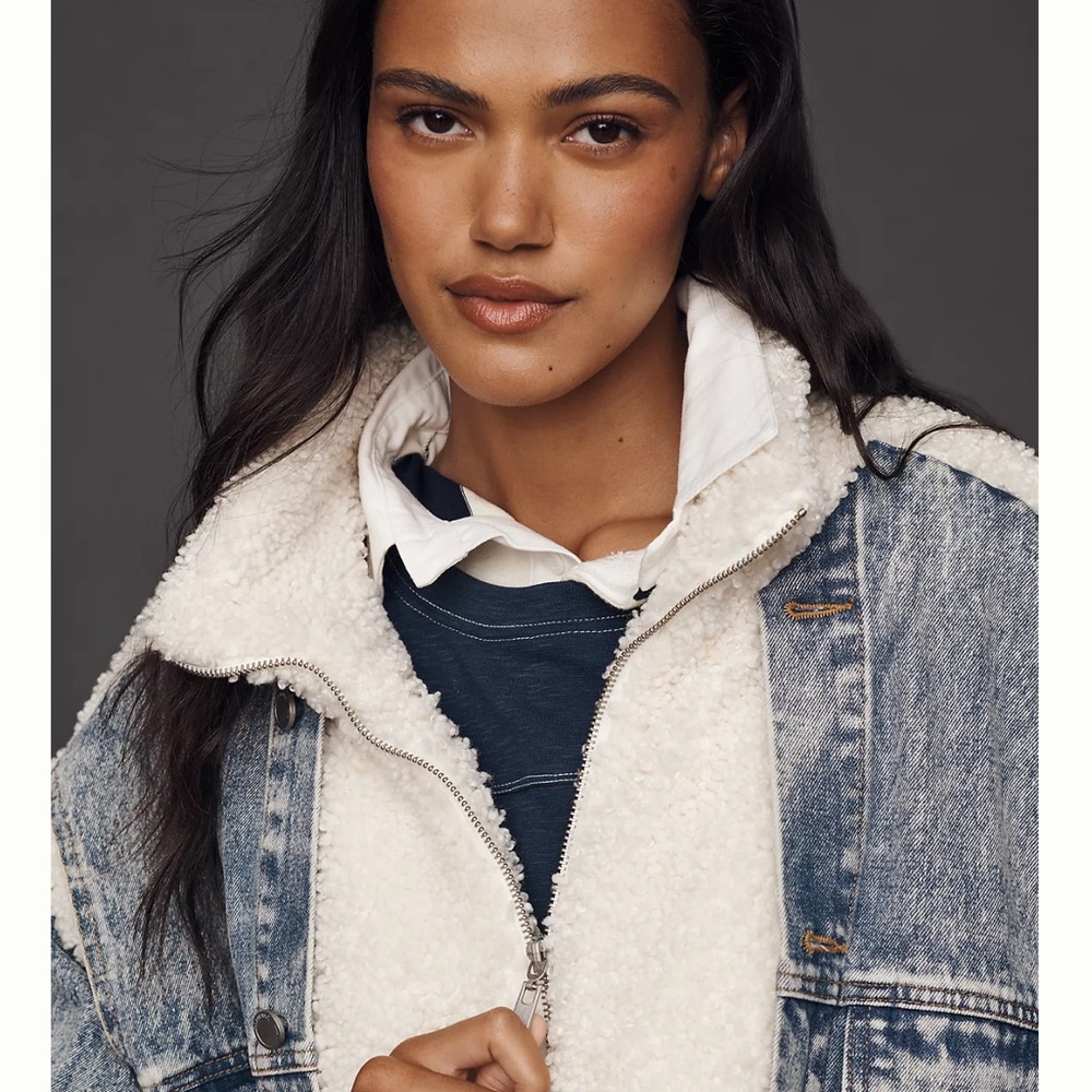 Blank NYC Blue Denim & Cream Sherpa Jean Jacket - Picture 3 of 10